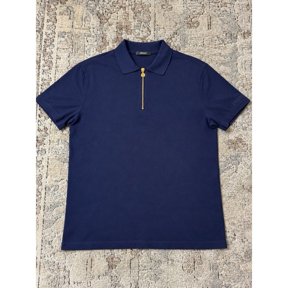 Versace Medusa Biggie Half Zip Polo Shirt Blue Mens 2XL Cotton Pique Logo